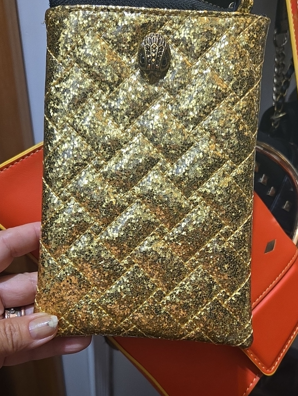 Glitter Look Quilted Gold Leather Crossbody by Kurt Geiger London Authentic.